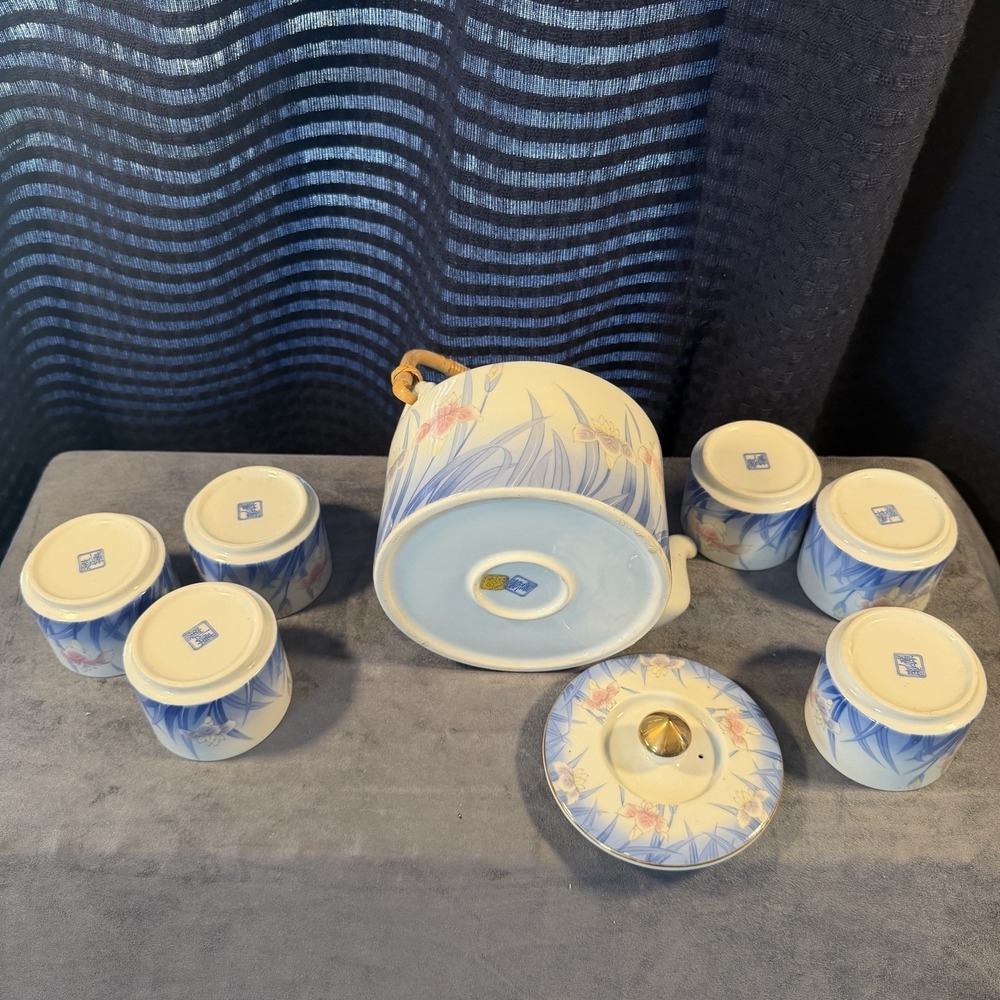 TEAPOT WITH 6 YUNOMI Tea Cups IRIS OTAGIRI OMC Japan Porcelain Flowers Gold Trim - Picture 6 of 14
